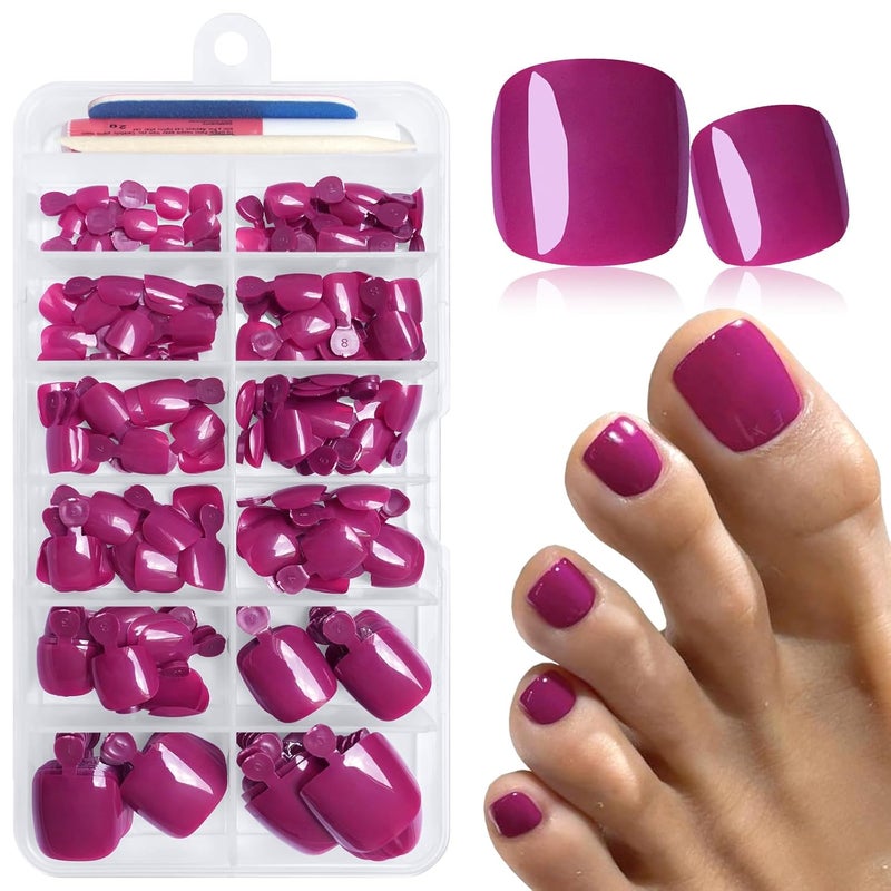 LuckForever 168pc Press on Toenails Women Fake Toe Nails with Adhesive Tabs, Magenta Fake Toenails Press on Nails Toe Acrylic Nail Tips Short Square False Toenail Artificial Toe Nails Press ons - Image 1